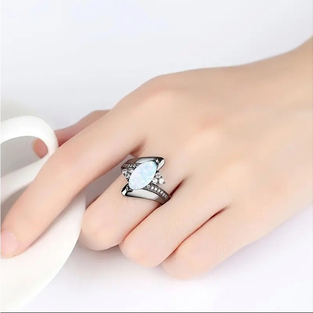 White Opalescent Zircon inlaid Black Pewter Custom Color Ring